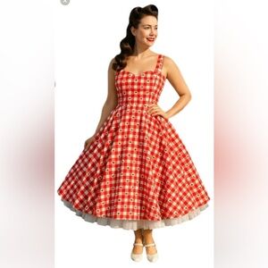 Avec Les Filles Red and White Gingham Plaid 🍒 Print Fit and Flare Dress Size 14